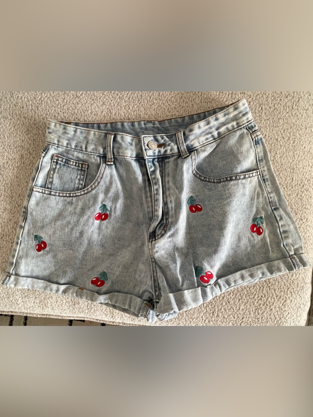 SHEIN Light Wash Denim Shorts with Red Cherry Embroidery